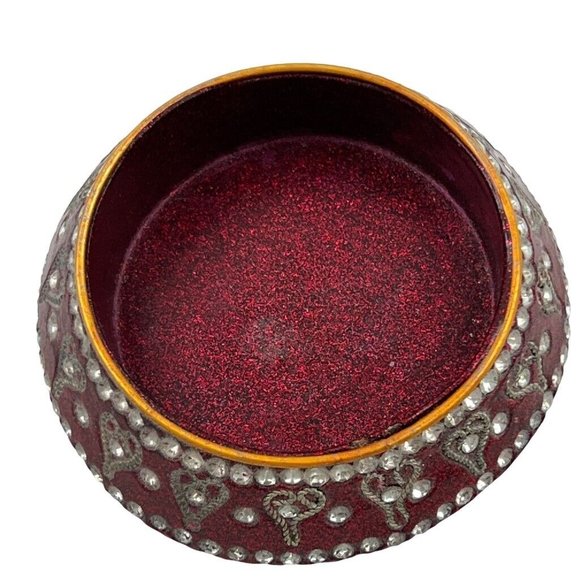 Trinket Round Jewelry Box Maroon Gold Tones Rhinestone Jeweled - Picture 8 of 9